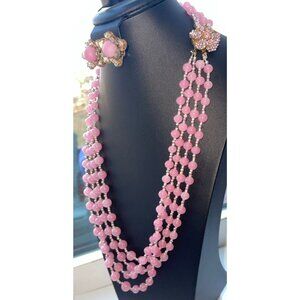 Vintage Miriam Haskell Pink Glass Bead Necklace & Aurora Borealis Earrings Set